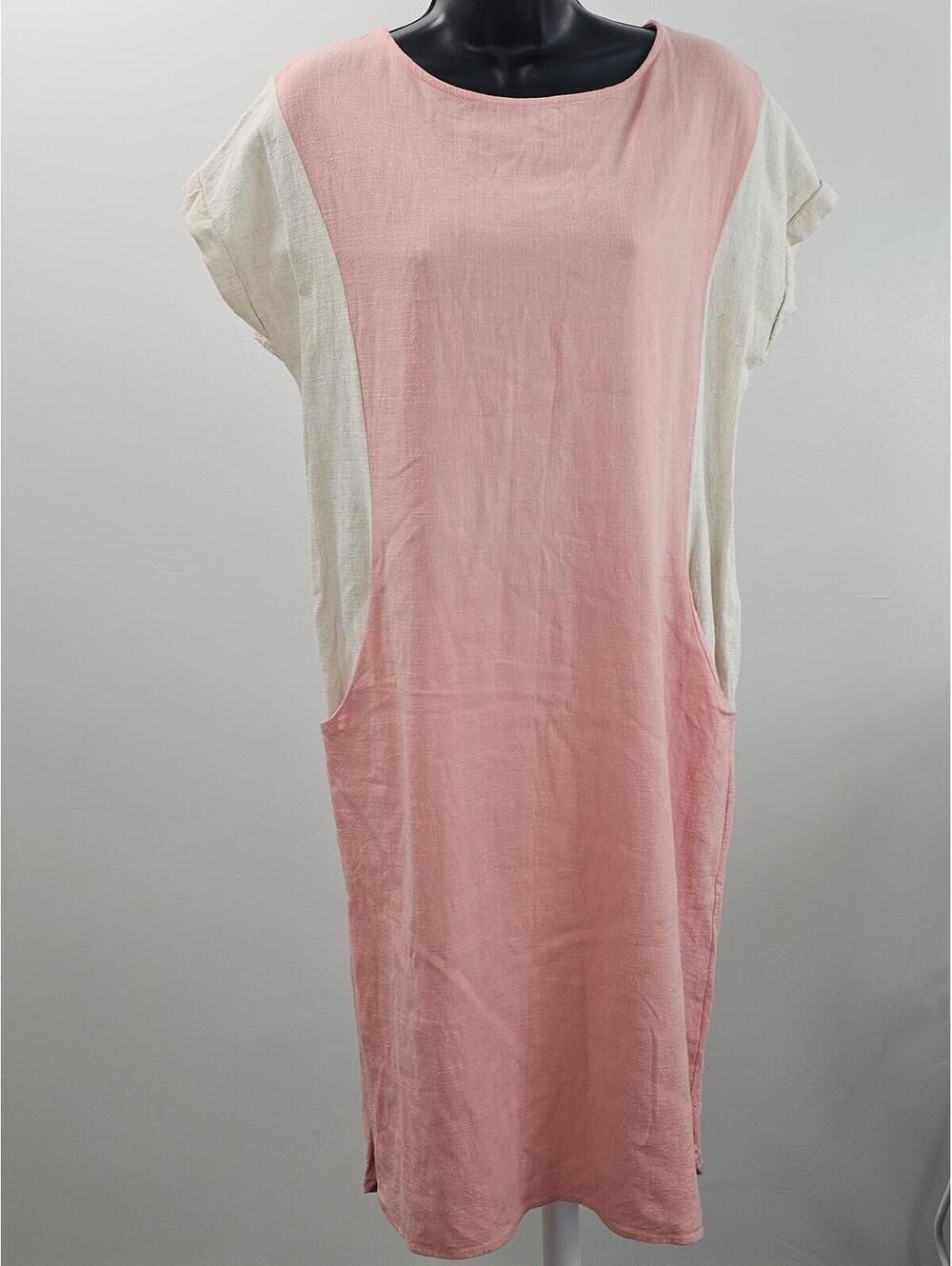 Anthropologie Ello Mara Pink and Cream Linen Blend Shift Dress Size S Pockets